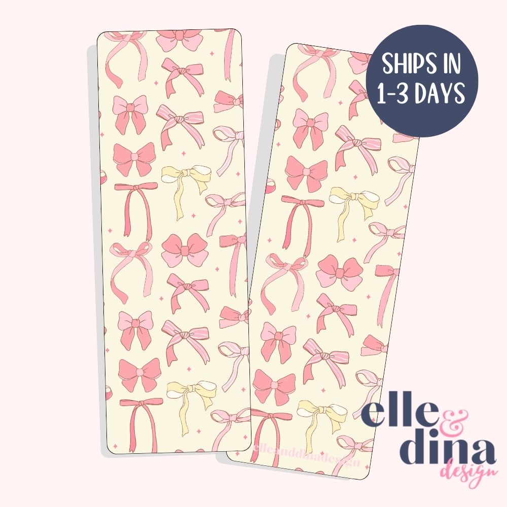 cardstock bookmark with a collection of pink coquette bows on a pastel yellow background by elle and dina design image shows back and front