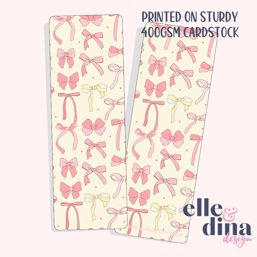 cardstock bookmark with a collection of pink coquette bows on a pastel yellow background by elle and dina design image shows back and front