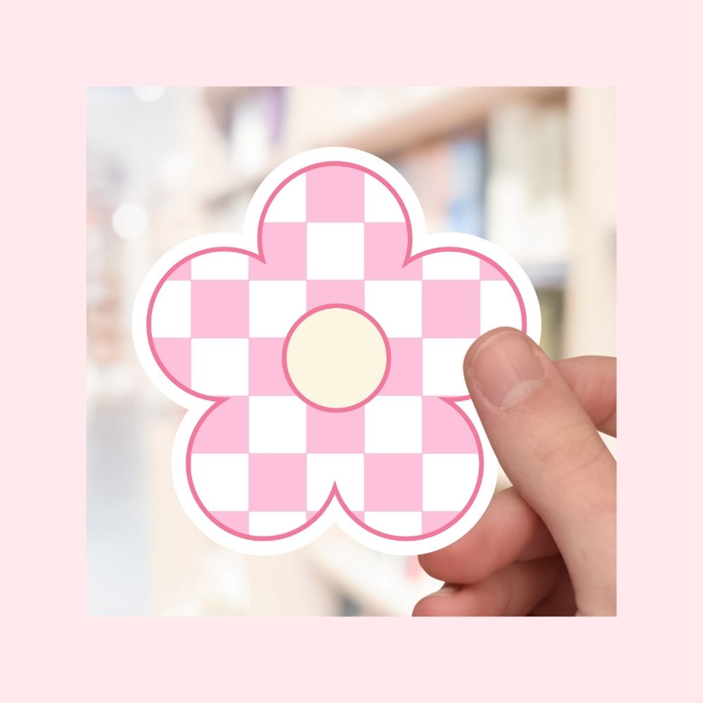 Retro Checkerboard Flower - Pink - Waterproof Vinyl Sticker Die-Cut