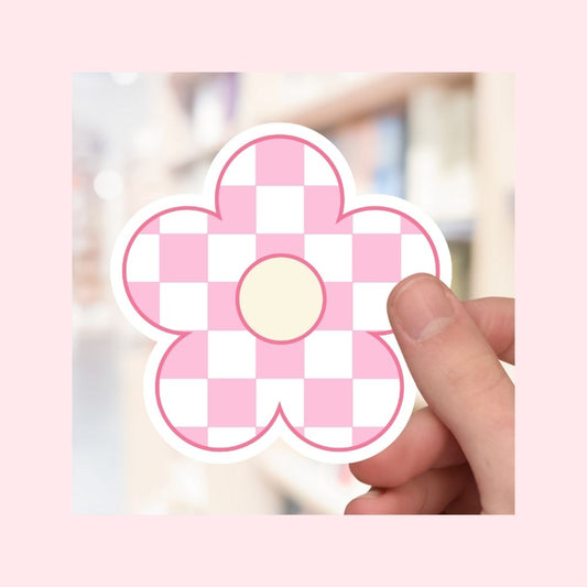 Retro Checkerboard Flower - Pink - Waterproof Vinyl Sticker Die-Cut