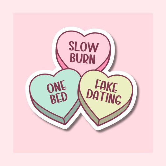 Conversation Hearts Romance Tropes - Slow Burn, One Bed, Fake Dating Kindle Sticker