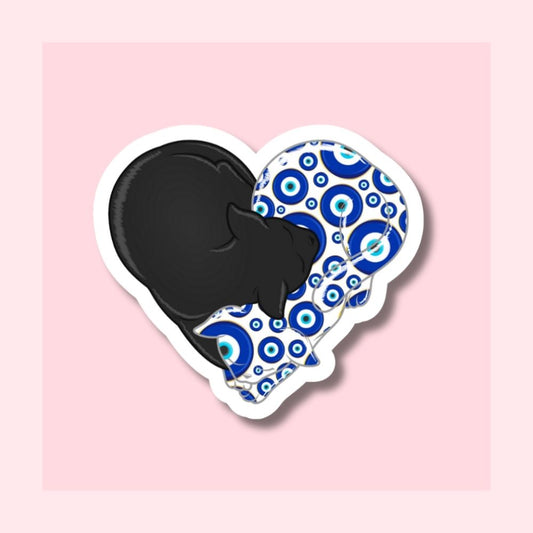 Nazar Pattern & Black Cat Heart Shape - Waterproof Vinyl Sticker Die-Cut