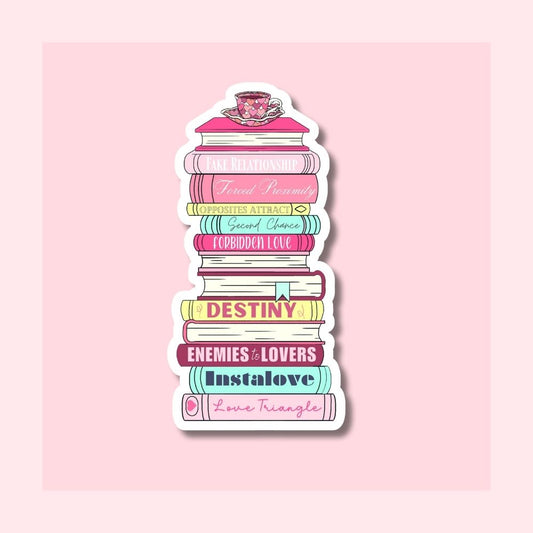 romantic tropes book stack sticker pink mint yellow on white vinyl by elle and dina design