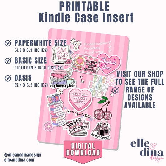 Printable Kindle Case Insert - Pink Stripe with Sticker Collage