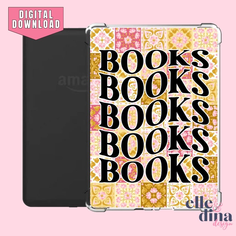 Printable Kindle Case Insert - Books with Pink and Yellow Tile Background