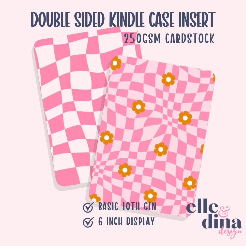 Kindle Basic Case Insert - Pink Wavy Retro Checkerboard with Flowers