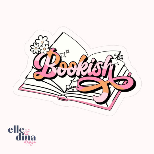 image of open book with retro style text bookish by elle and dina design