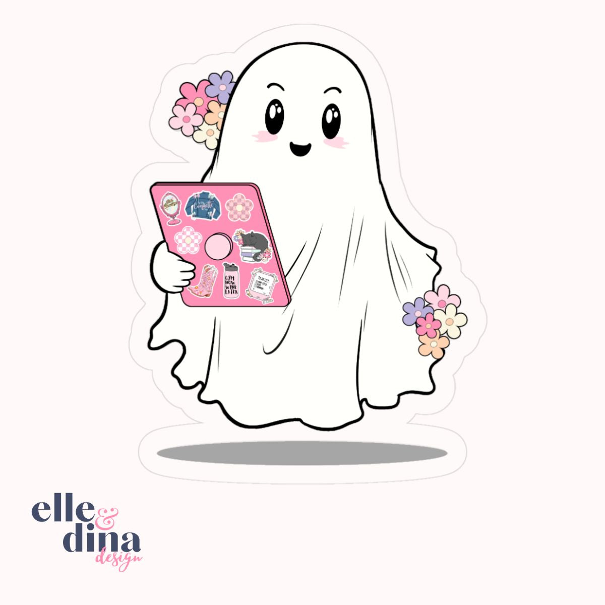 sticker with a cute ghost holding a pink kindle with floral embellishment by elle and dina design