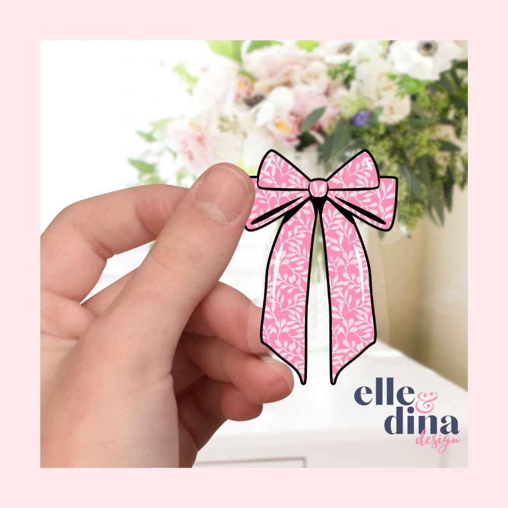 Pretty Pink Coquette Ribbon Bow sticker on transparent vinyl by Elle and Dina Design