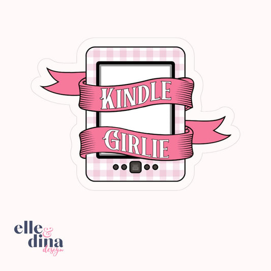 sticker in the shape of a kindle with pink gingham pattern and dark pink ribbon banner with the text kindle girlie by elle and dina design