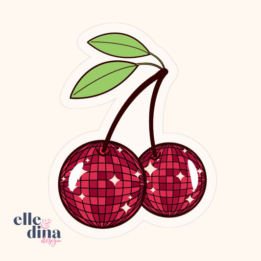 sticker of two cherries that look like crimson coloured disco balls by elle and dina design